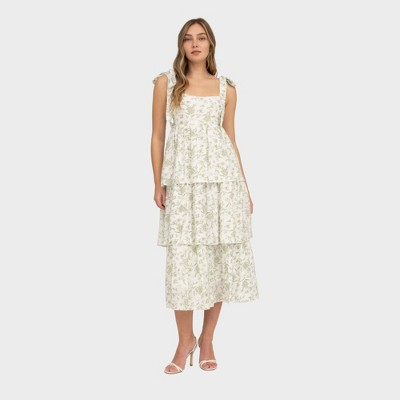 August Sky Women's Mock Self Tie Straps Floral Tiered Midi Dress