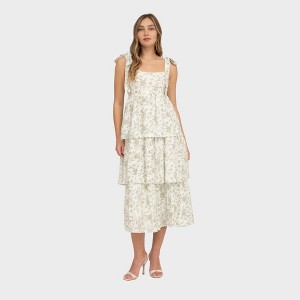 August Sky Women's Mock Self Tie Straps Floral Tiered Midi Dress - 1 of 4