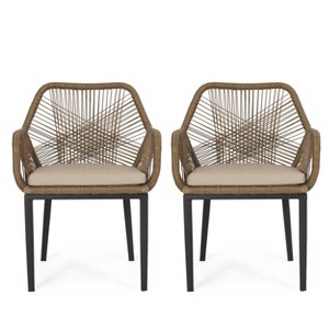 GDFStudio Fromberg Outdoor Wicker and Iron Dining Chairs with Cushion (Set of 2), Matte Black/Light Brown/Beige - 1 of 4