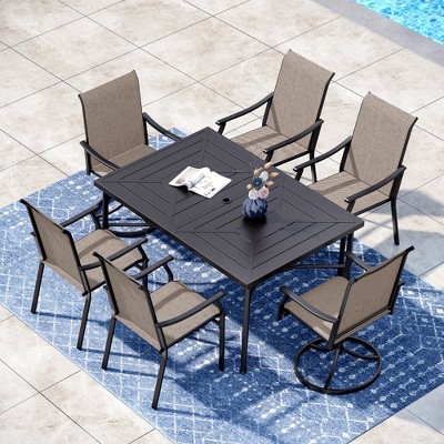 Captiva Designs 7pc Patio Outdoor Dining Rectangle Steel Table with Umbrella Hole & Brown Textilene Arm Chairs
