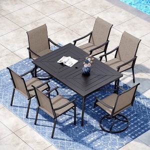 Captiva Designs 7pc Patio Outdoor Dining Rectangle Steel Table with Umbrella Hole & Brown Textilene Arm Chairs - 1 of 4