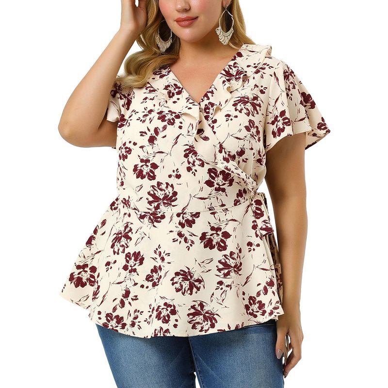 Agnes Orinda Women's Plus Size Relaxed Fit Ruffle Neck Floral Wrap Tie Waist Blouse, 3 of 8