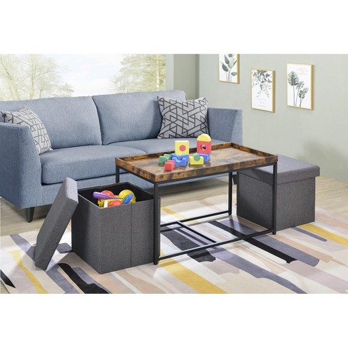 Lilola Home Monty 3-Piece Coffee Table Set – Black Wood Grain Table With Raised Edges & 2 Storage Stools