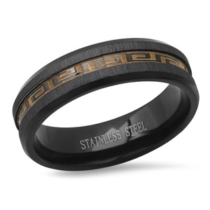 Steeltime Men's stainless steel band ring with greek key inlay accents. Size Options: 9-12. Color Options: Silver, Gold. Black - 1 of 4