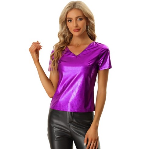 Allegra K Women's V Neck Short Sleeve Party Clubwear Shiny Metallic Blouses  Purple X-Small