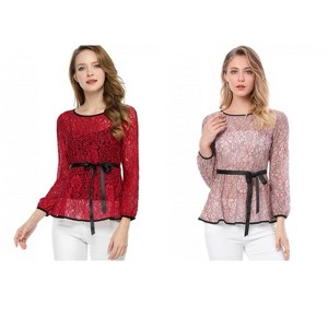 INSPIRE CHIC Women's 2 Packs Semi-Sheer Elegant Tie Waist Long Sleeve Floral Lace Peplum Blouses Green X-Large - 1 of 4