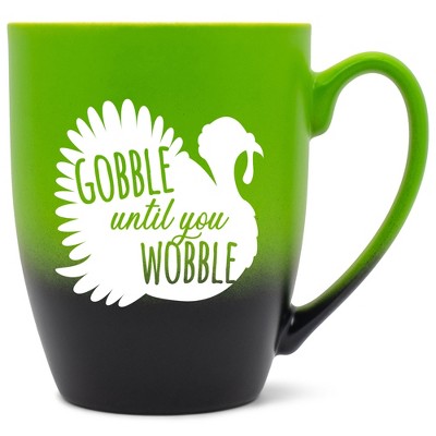 Elanze Designs Gobble Until You Wobble Two Toned Ombre Matte Green and Black 12 ounce Ceramic Stoneware Coffee Cup Mug