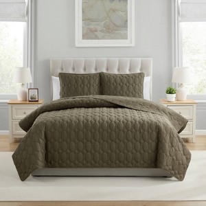 VCNY 3pc King Circle Pinsonic Quilt Set Olive Green: Hypoallergenic, Microfiber, Embroidered Details - 1 of 4