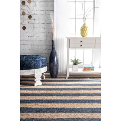 Denim and Tan Striped 4' x 6' Jute and Cotton Flatweave Rug