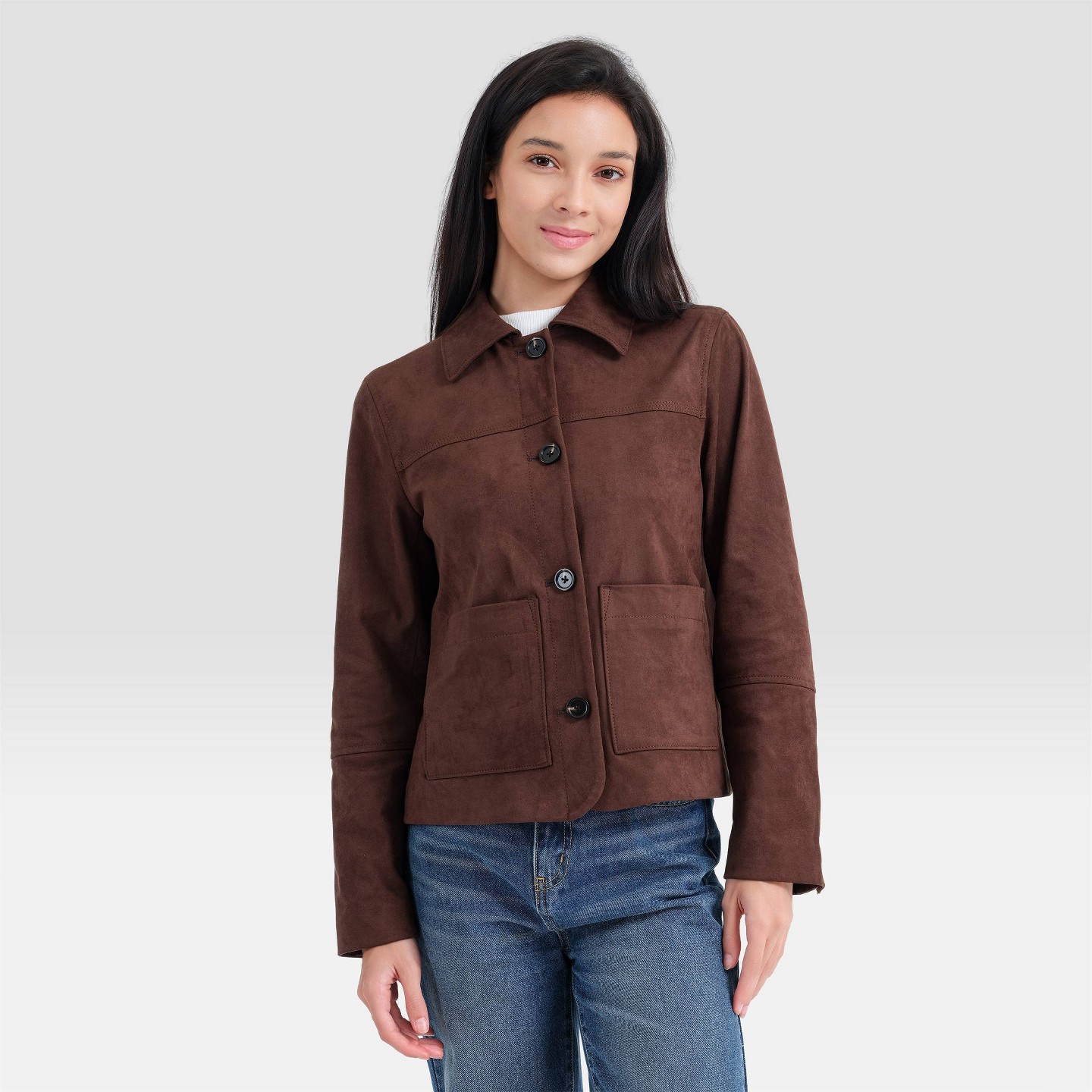 Женская куртка Universal Thread Suede Collared Shirt Jacket, цвет: Тёмный коричневый — фото 1