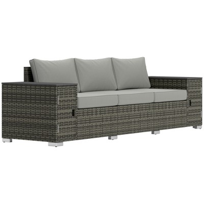 Outsunny Wicker Outdoor Couch with Storage, Thickened Cushions, 3 Seater Patio Sofa with Wide Armrests and Seat for Porch, Garden, Yard