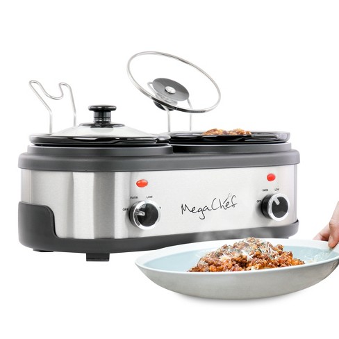 Megachef Triple 2.5 Quart Slow Cooker And Buffet Server In Brushed Silver  And Black Finish With 3 Ceramic Cooking Pots And Removable Lid Rests :  Target