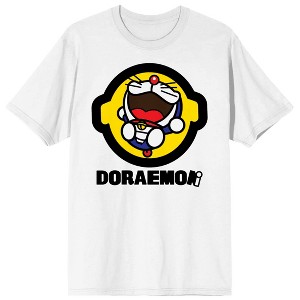 Doraemon laughing on Yellow circlular frame background and logo on White Short Sleeve Adult T-Shirt - 1 of 3
