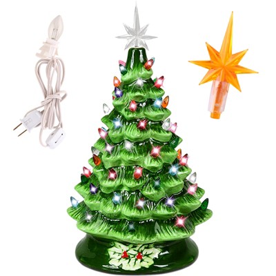 15'' Pre-Lit Tabletop Ceramic Christmas Tree with 66 Multi Color Lights and 2 Star Toppers, Green
