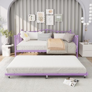 Daybed with Trundle Bed, Twin Size Day Bed with Pull-Out Trundle, Daybed with Love-Heart Headboard, Steel Slat Support, Metal Sofa Day Bed - 1 of 4