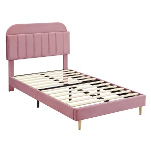 Children's bed, upholstered single bed frame with storage headboard and slatted frame, velvet upholstered, suitable for beds for boys and girls - 1 of 4