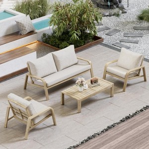 PAKASEPT 4 Piece Aluminum Patio Furniture Set, Imitation Wood Grain Aluminum Conversation Set with Removable Cushions for Porch, Balcony, Yard - 1 of 4