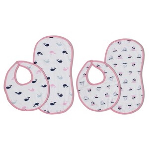 Bacati - Little Sailor Pink Blue Girls Boats/Whales Muslin 4 pc set of Bibs & Burp Cloths Set - 1 of 4