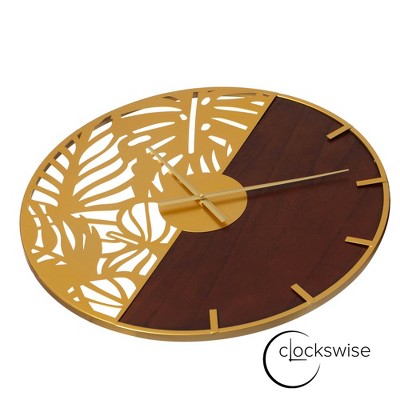 24" Brown Wood and Gold Metal Leaf Cutout Oversized Wall Clock