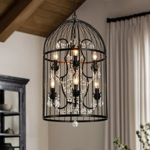 LLHZSY Vintage Industrial Birdcage Crystal Chandelier with Black Metal Cage and Crystal Accents - W 17 7/10" - 1 of 4