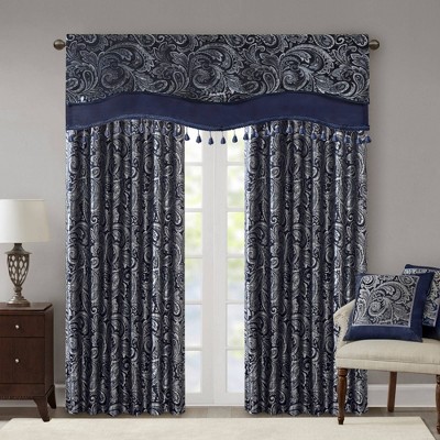 Navy Faux Silk Jacquard Beaded Window Valance