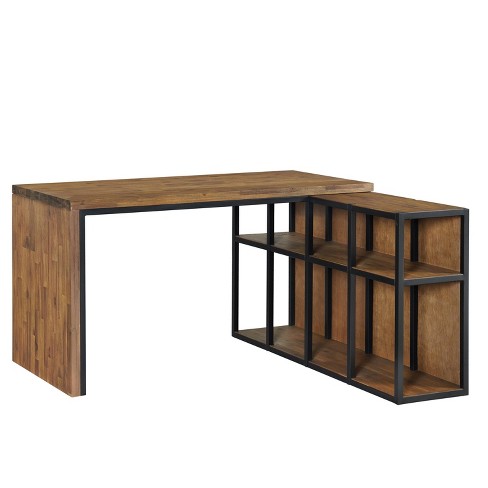 Lift Top L-Shaped Desk, Computer Corner Desks with DrawersRustic Brown