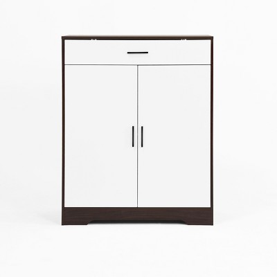 Lirago,31.49"L*15.74"W*39.4"H,4-Tier Shoe Cabinet with Drawer & Adjustable Shelves - Walnut & White Entryway Storage Organizer
