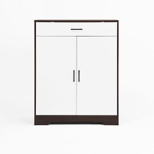Lirago,31.49"L*15.74"W*39.4"H,4-Tier Shoe Cabinet with Drawer & Adjustable Shelves - Walnut & White Entryway Storage Organizer - 1 of 4