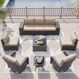 ALAULM 9 Pieces Patio Furniture Set, Rattan Wicker Sofa Set, Outdoor Conversation Sets w/Swivel Rocking Chairs Sectional Sofa - 1 of 4