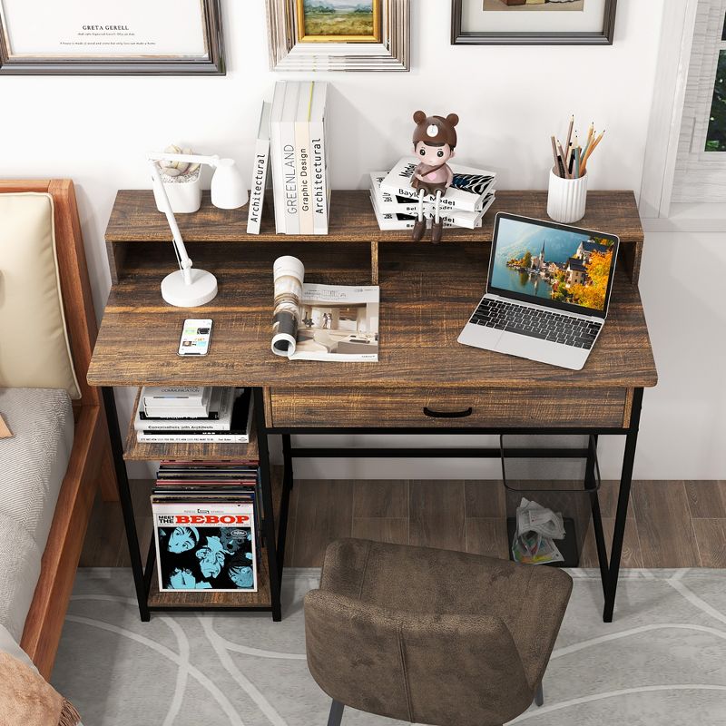 Costway 48”Computer Desk with Monitor Stand Home Office Writing Desk with Storage Drawer and 2 Open Shelves Rustic Brown, 4 of 11