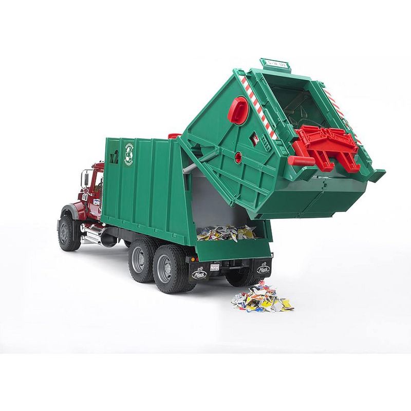 Bruder MACK Granite Garbage Truck, Ruby Red Cab, Green Garbage Box, 5 of 8