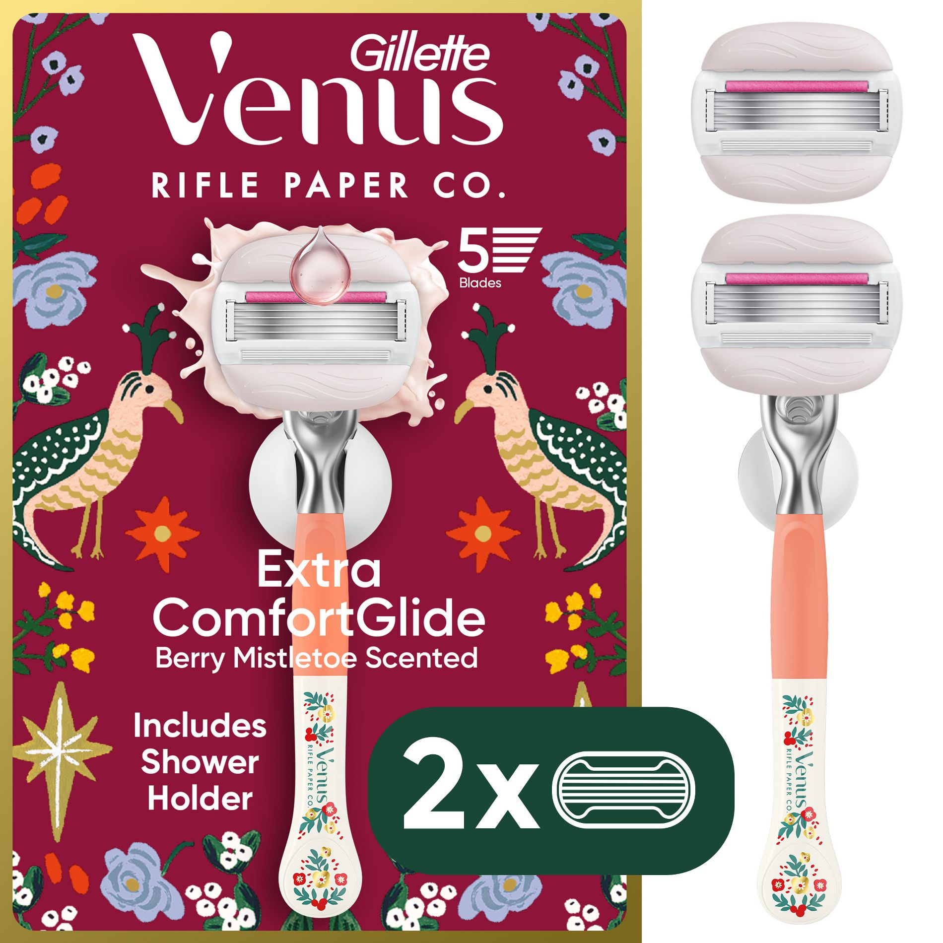 Venus + Rifle Paper Co. Extra ComfortGlide Limited Edition Women's Razor with 2 Razor Blade Refills and Shower Holder - Berry Mistletoe
