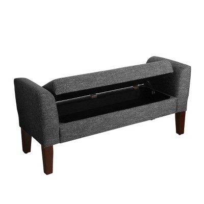 Gray Tweed Upholstered Storage Bench with Walnut Legs