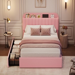 Bed Frame for Kids, Upholstered Platform Bed with 2 Large Storage Drawer and Bookcase Headboard, Noise-Free, Easy Assembly, No Box Spring Needed - 1 of 4