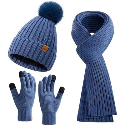 ZUPPAD Womens Long Scarf Gloves and Hat Set Cold Weather Hat Scarf Glove Set for Women Winter Beanie Hats with Pom Pom Hat and Glove Sets