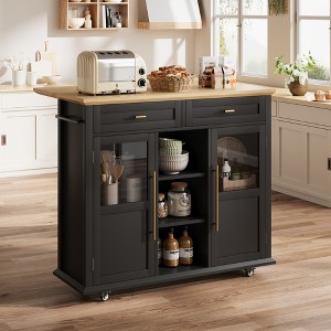 41" Kitchen Island with Drop Leaf, Rolling Island with 2 Glass Door Cabinets, 3 Open Shelves & 2 Drawers, Mobile Island Table, Black and Natural - 1 of 4