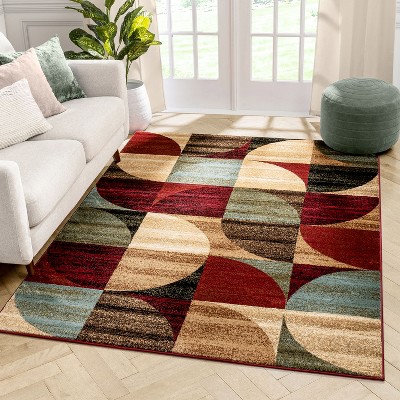 Mid Century Modern Geometric Blue and Red 8' x 10' Area Rug