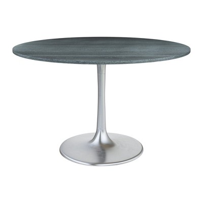 HomeRoots 48" Gray and Silver Marble and Aluminum Pedestal Base Round Top Dining Table