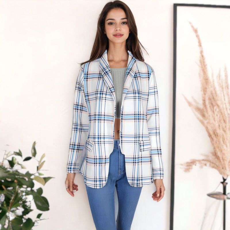 Anna-Kaci Women's Open Front Plaid Blazer Coat Jacket Long Sleeve Mock Front Pockets Formal Work Attire, 3 of 7
