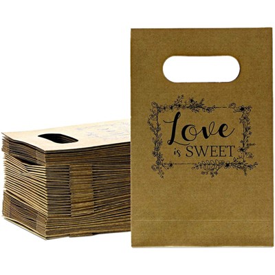 Sparkle and Bash 50 Pack Kraft Wedding Favor Bags Gift Bags with Handles, "Love is Sweet" (5.5 x 8.5 in)