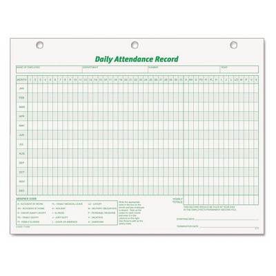TOPS Daily Attendance Card, One-Part (No Copies), 11 x 8.5, 50 Forms Total