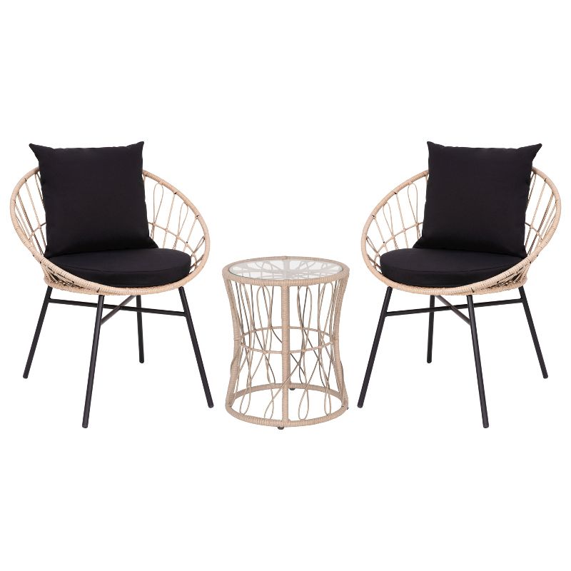 Emma and Oliver 3 Piece Boho Patio Set - Faux Rattan Rope Papasan Style Chairs with Cushions and Glass Topped Side Table, 1 of 15