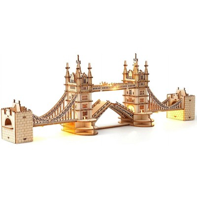 ROBOTIME 3D Puzzle Wooden Craft Kits Tower Bridge With Lights Architecture Construction Model for Teens, Off-White, 14.1"*2.9"*4.6"