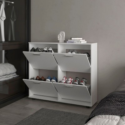 Vynxaria Modern Tilt-Out Shoe Storage Cabinet with Multiple Compartments - White, 38" H x 43.3" W x 11.8" D