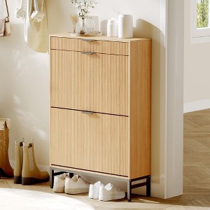Fluted Shoe Storage Cabinet, Narrow Shoe Organizer with 2 Flip Drawers - 1 of 4