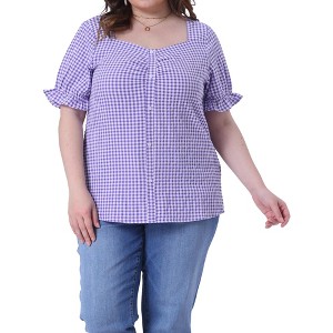 Agnes Orinda Women's Plus Size Gingham 1950s Sweetheart Neck Button Decor Short Sleeve Blouses - 1 of 4