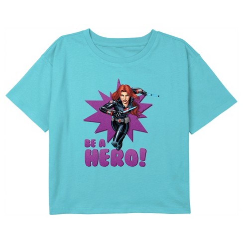 Girl's Marvel Retro Black Widow Be A Hero Crop T-shirt - Blue - Small ...