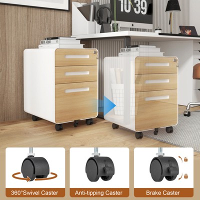 Versatile under-desk storage with 5 casters¡ªthree lockable drawers hold letter/legal files in sleek, waterproof black steel.