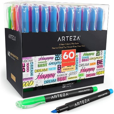 Arteza Highlighters, Narrow Chisel Tip, 6 Assorted Colors for School - 60 Pack (ARTZ-8579)