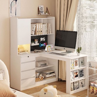 CENGHU L-Shaped Desk with Charger, Computer Desk with Drawers & Bookshelf, Modern Corner Desk, Home Office Desk, Study Table Writing Desk